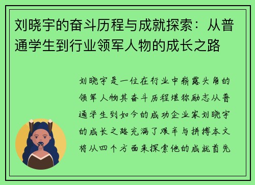 刘晓宇的奋斗历程与成就探索：从普通学生到行业领军人物的成长之路