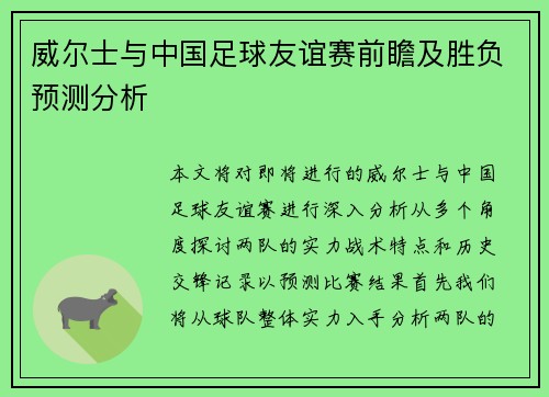 威尔士与中国足球友谊赛前瞻及胜负预测分析